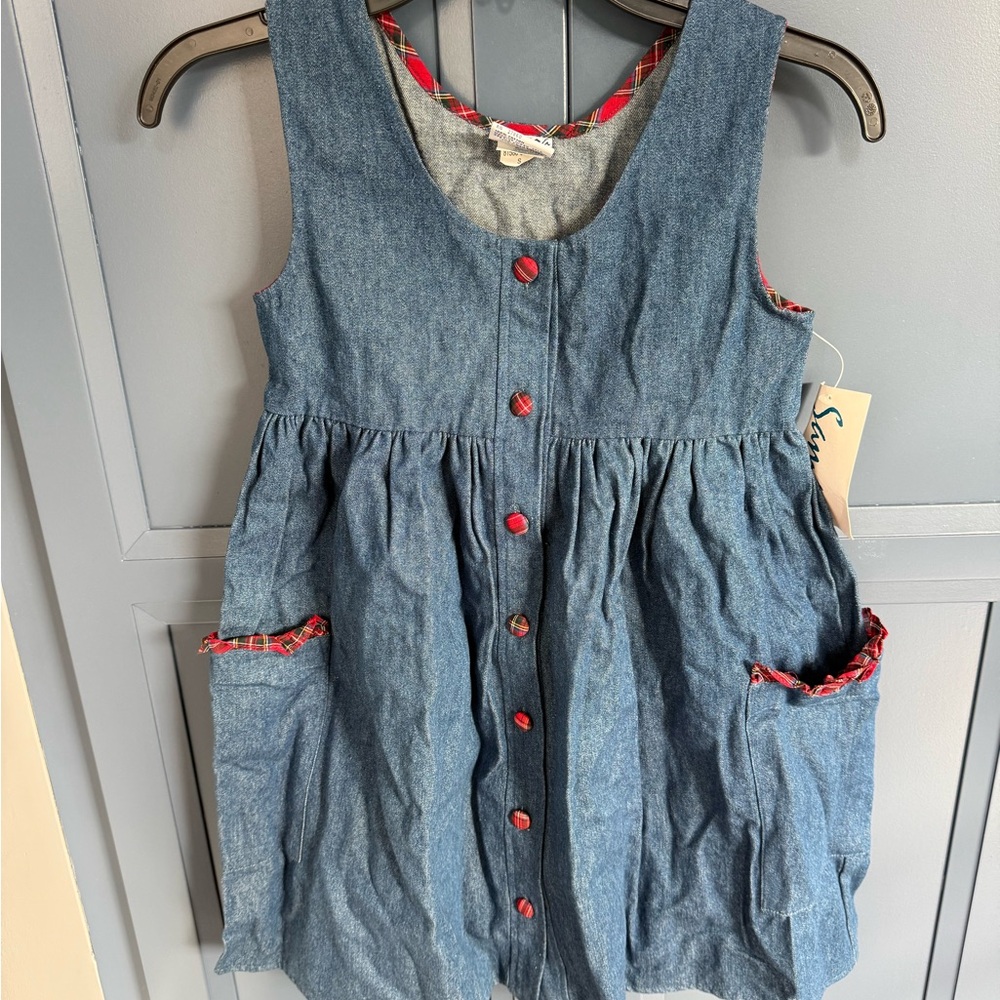 Vintage Samara Blue Denim Button-Up Dress with Red Accents size S